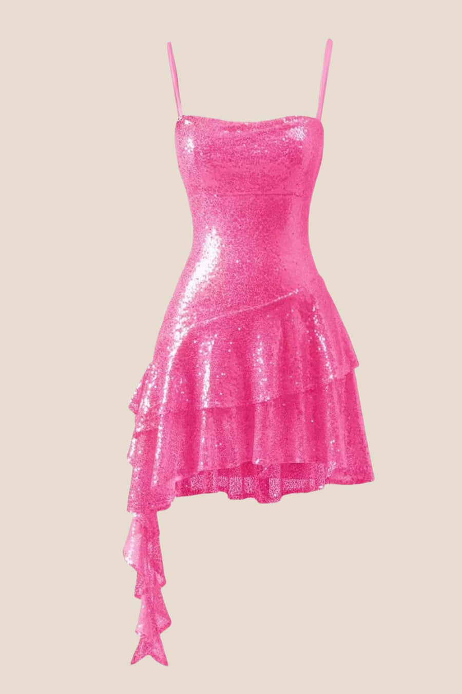 Straps Hot Pink Sequin Ruffle A-line Dress