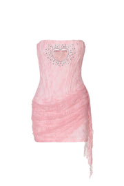 Strapless Pink Hollow Heart Lace Short Dress