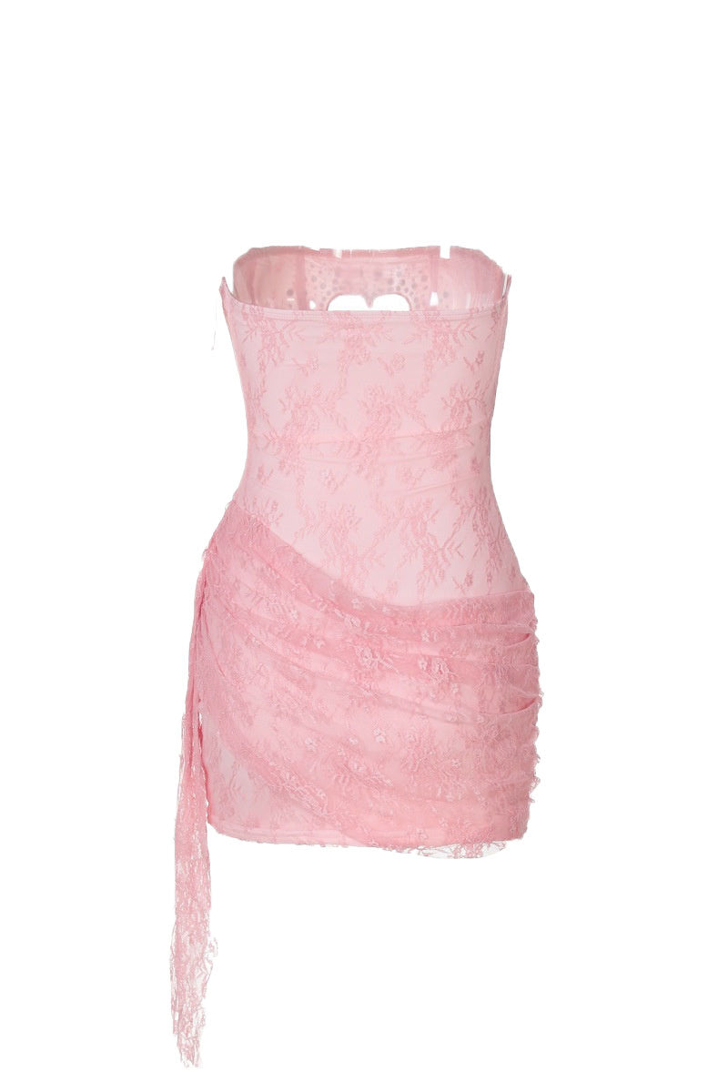 heart lace mini dress Women's Heart Skipping Sweetheart Lace Mini Dress in Light Pink