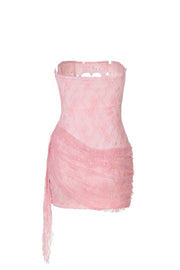 Strapless Pink Hollow Heart Lace Short Dress