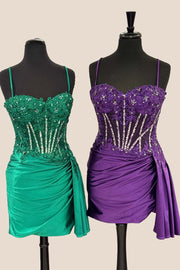 Royal Blue Straps Appliques Corset Ruched Dress
