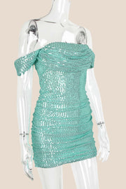 Off the Shoulder Blue Sequin Fitted Short Dress