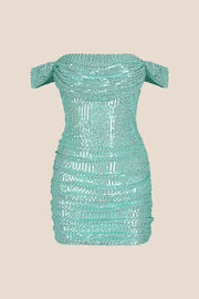 Off the Shoulder Blue Sequin Fitted Short Dress
