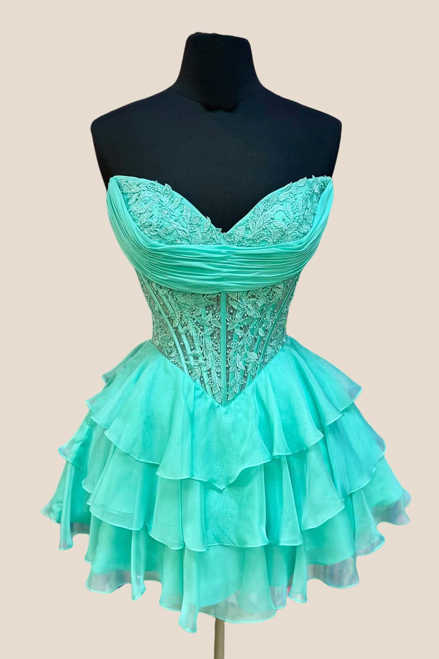 Sweetheart Mint Green Appliques Short Ruffle Dress
