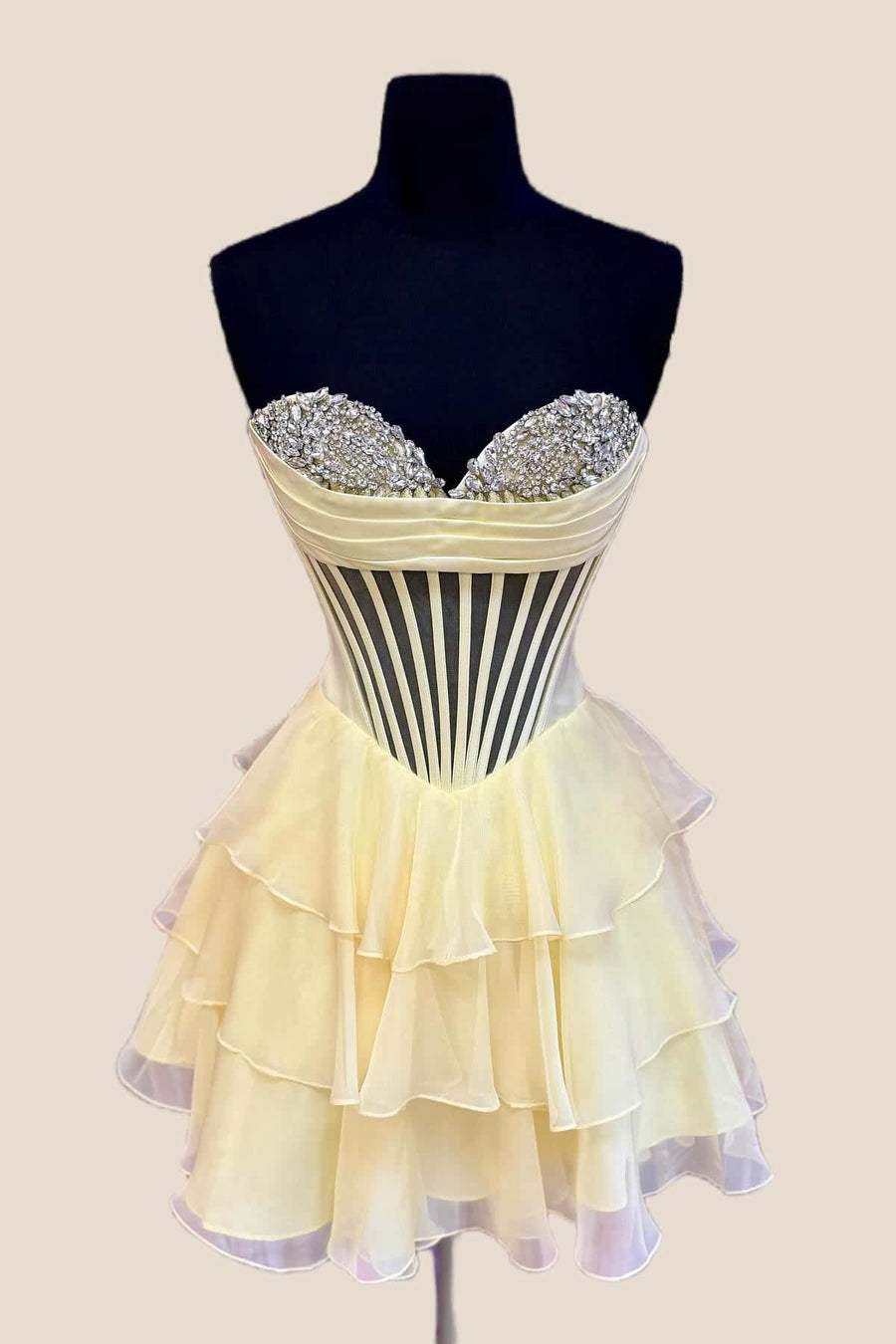 Yellow Sheer Corset Ruffle Short Dress