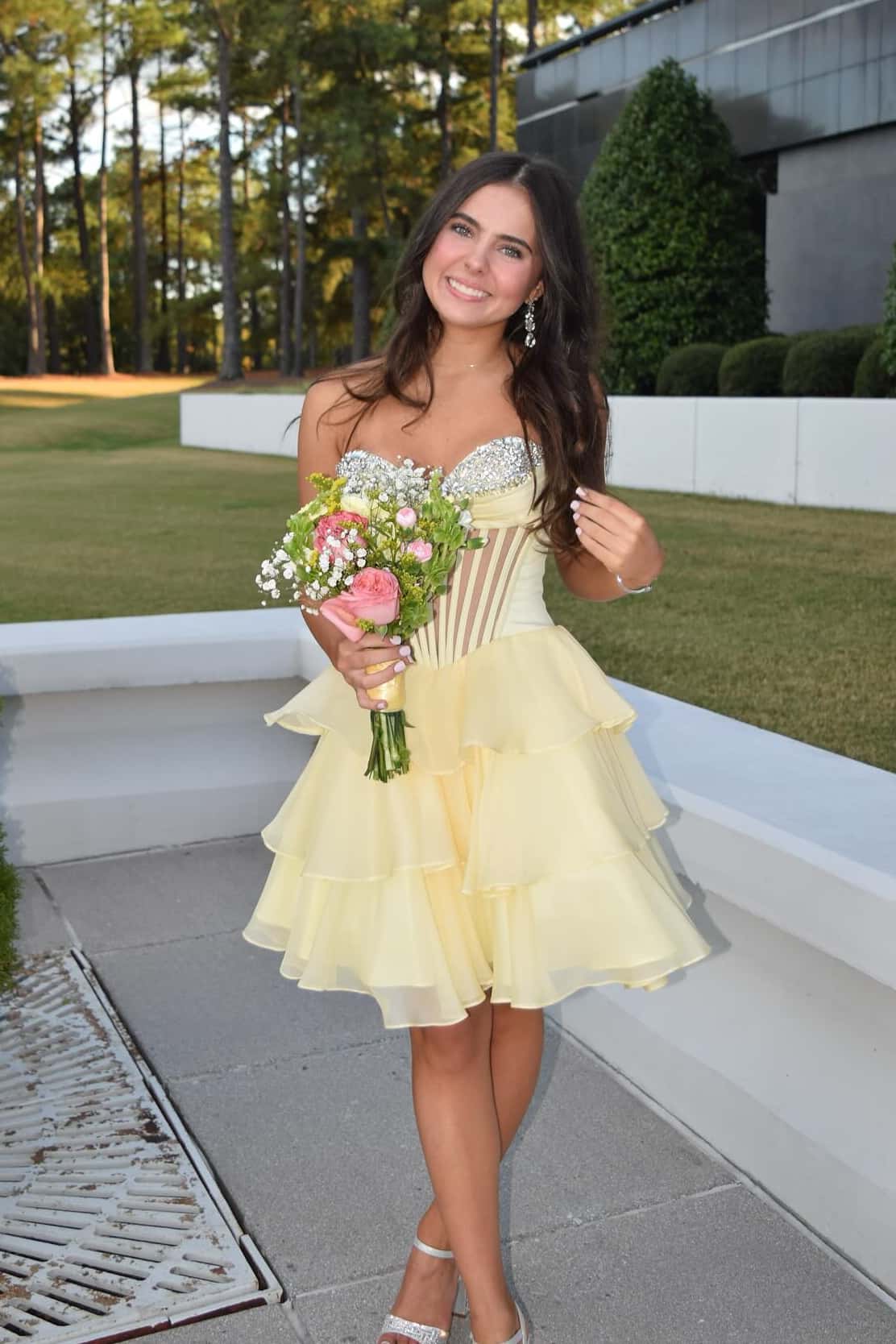 Yellow Sheer Corset Ruffle Short Dress