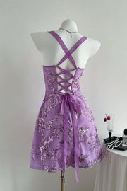 Purple Sequin Embroidery A-line Short Dress