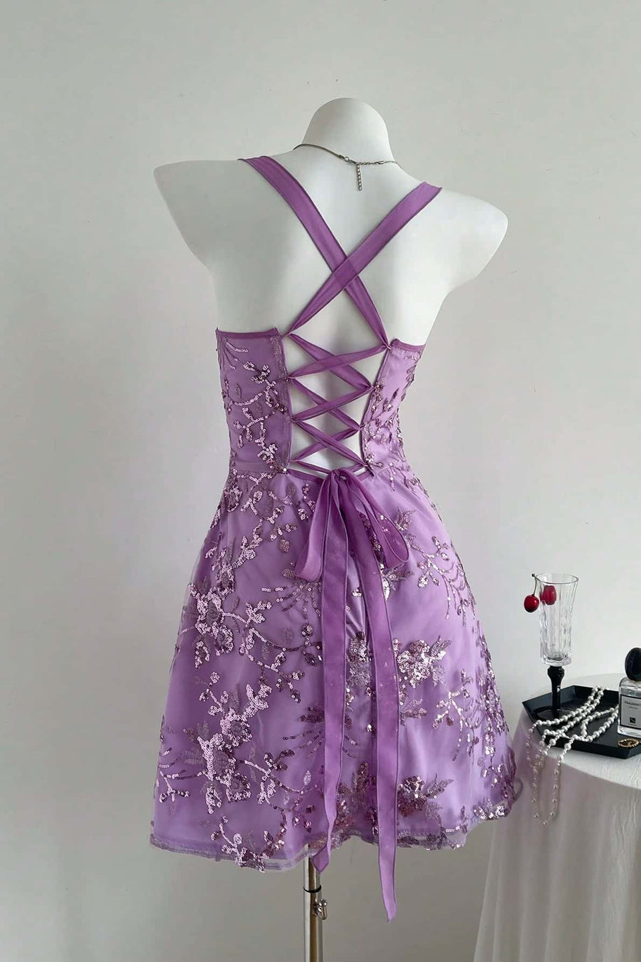 Purple Sequin Embroidery A-line Short Dress