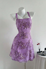 Purple Sequin Embroidery A-line Short Dress