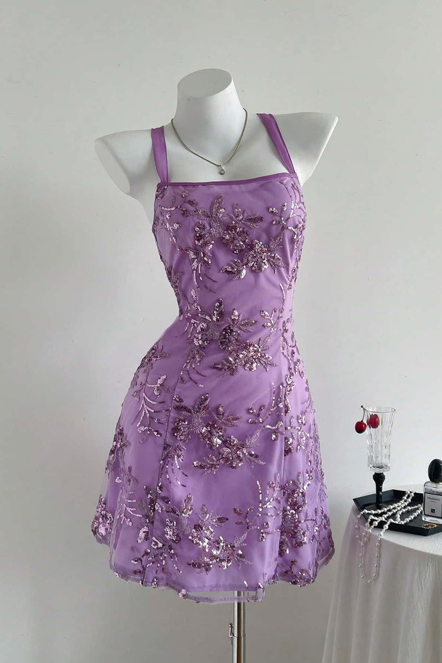 Purple Sequin Embroidery A-line Short Dress