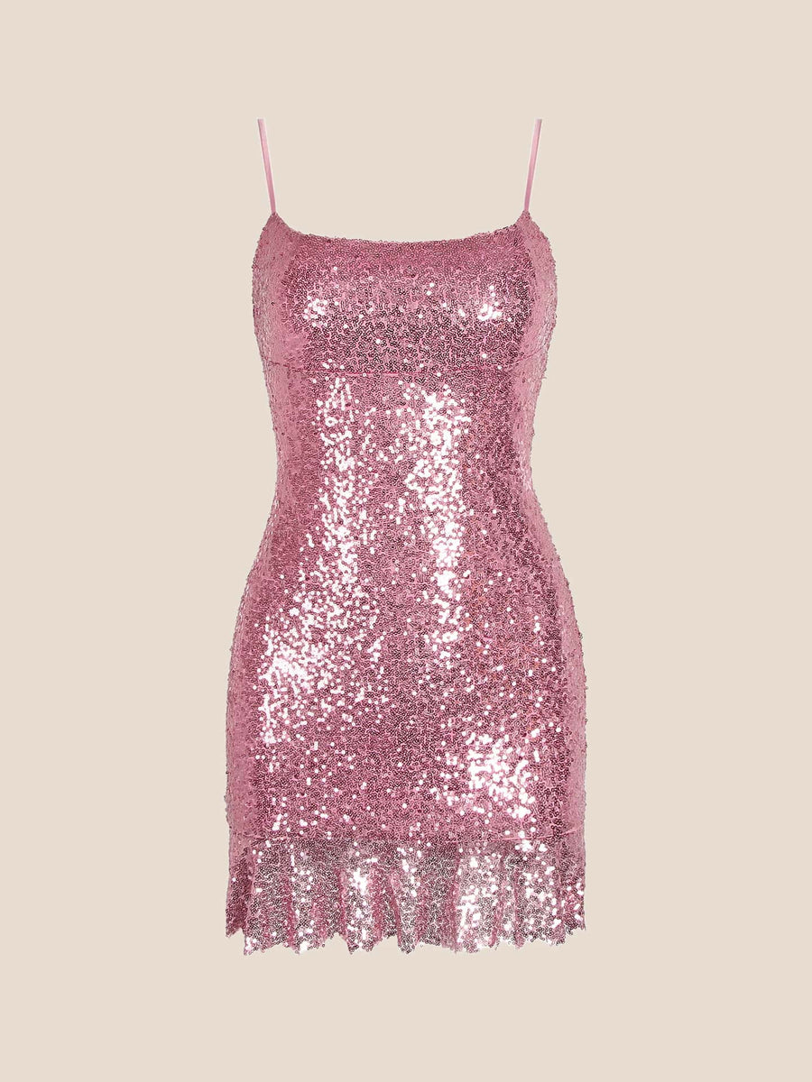 Pink Sequin Ruffle Hem Short Dress