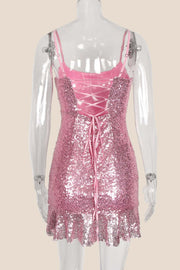 Pink Sequin Ruffle Hem Short Dress