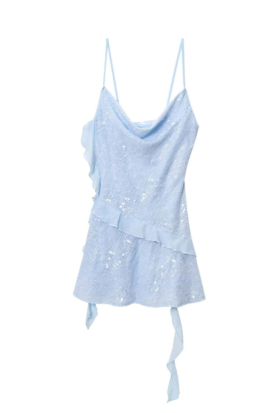 Light Blue Cowl Neck Ruffle Dress