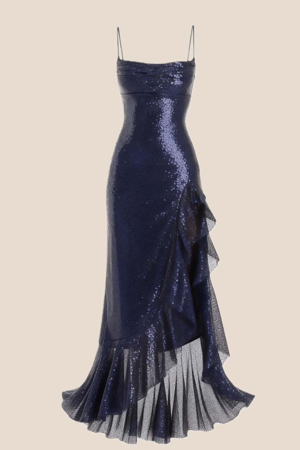Navy Blue Sequin Cowl Neck Frill Dress
