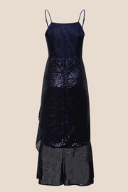 Navy Blue Sequin Cowl Neck Frill Dress
