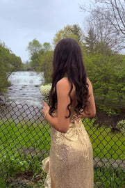 Champagne Sequin Cowl Neck Frill Dress