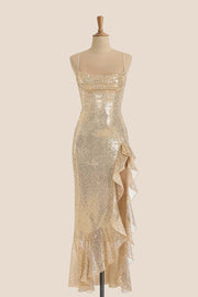 Champagne Sequin Cowl Neck Frill Dress