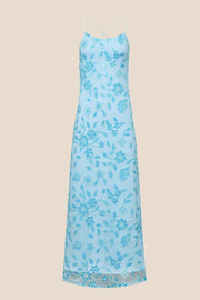 Blue Beaded Flowers Fitted Long Dress