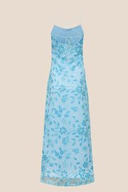Blue Beaded Flowers Fitted Long Dress