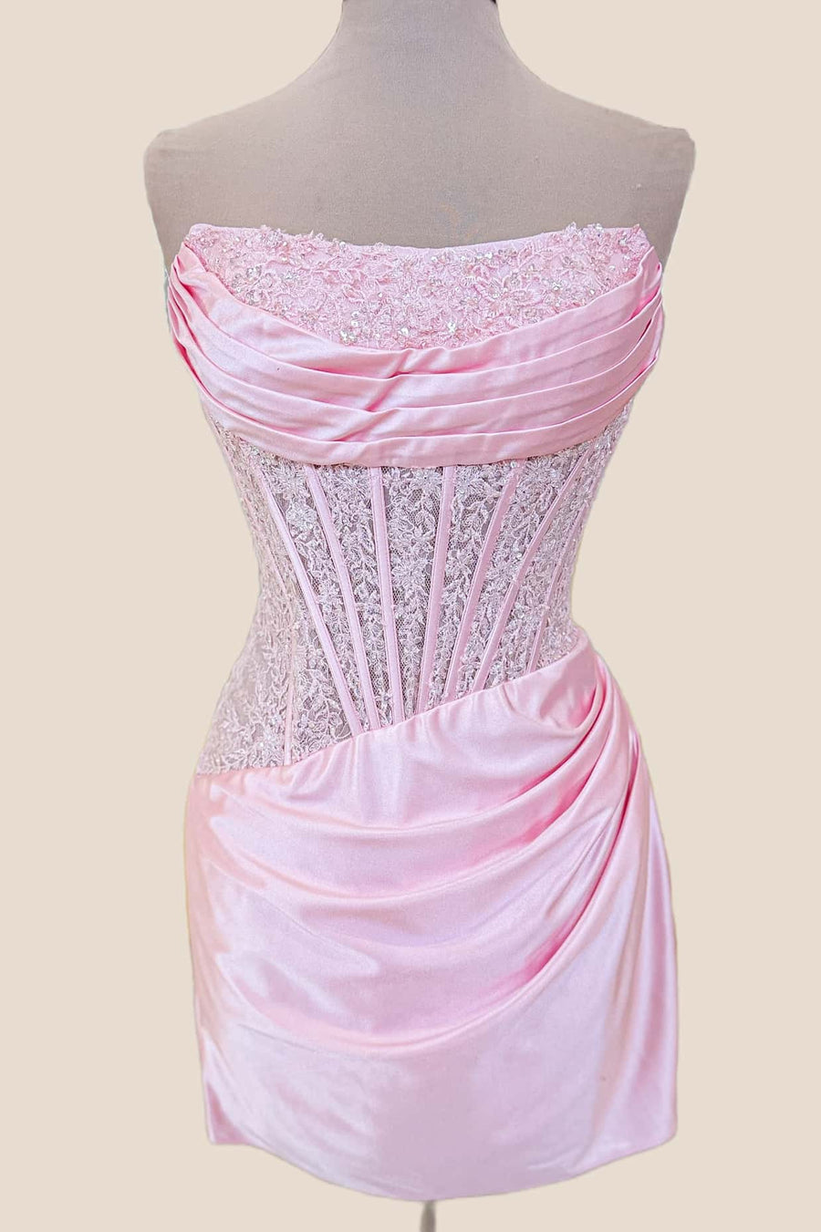 Pink Lace and Satin Fitted Dress