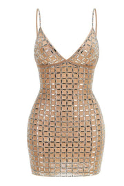 Rhinestones Nude V Neck Tight Dress
