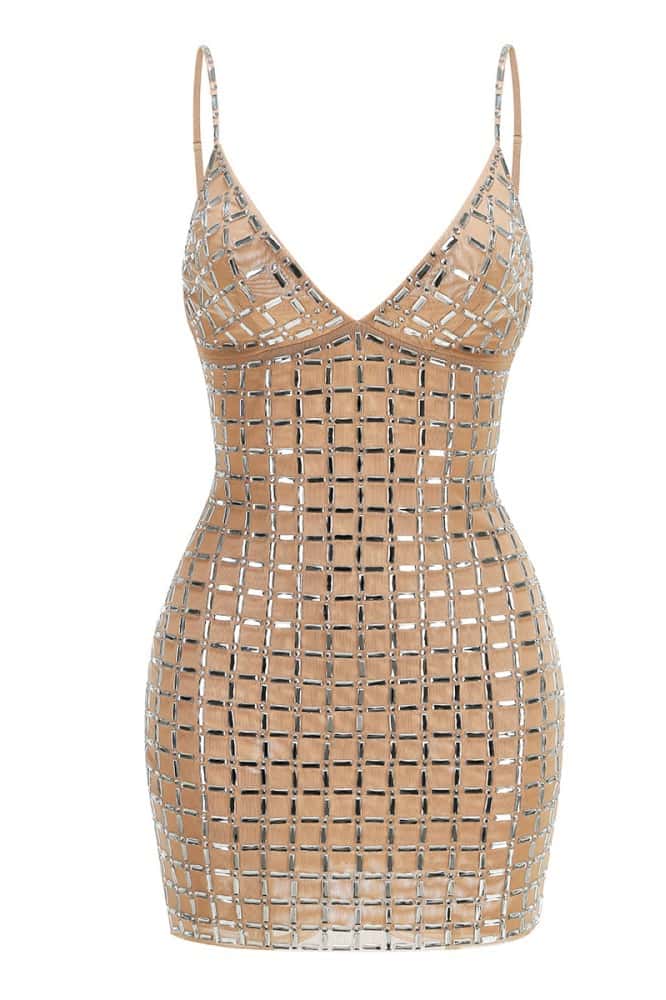 Rhinestones Nude V Neck Tight Dress