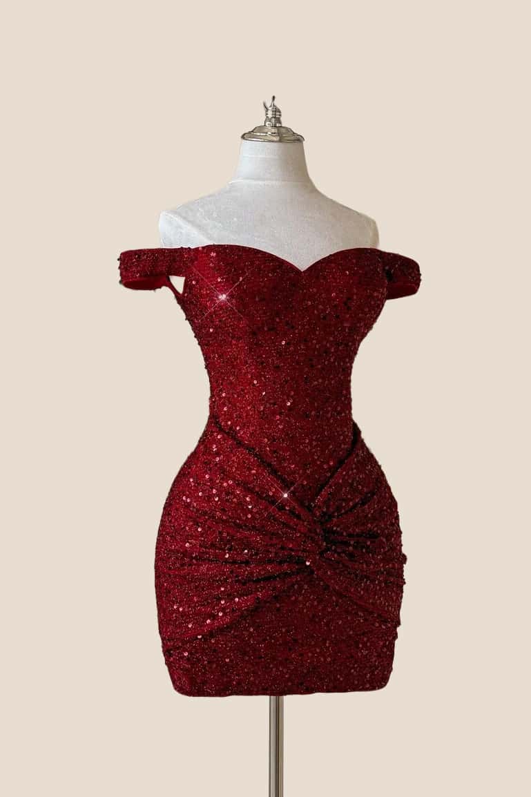 Off the Shoulder Red Sequin Tight Dress