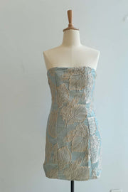 Strapless Blue and Gold Fitted Short Dress