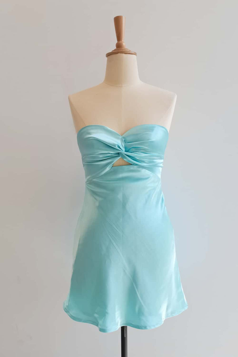 Twist Aqua Satin Short Dress with Keyhole