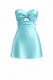 Twist Aqua Satin Short Dress with Keyhole