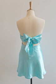 Twist Aqua Satin Short Dress with Keyhole