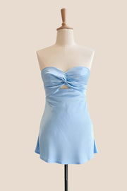 Twist Light Blue Satin Short Dress with Keyhole