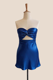 Twist Light Blue Satin Short Dress with Keyhole
