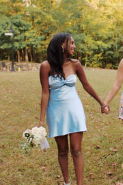 Twist Light Blue Satin Short Dress with Keyhole