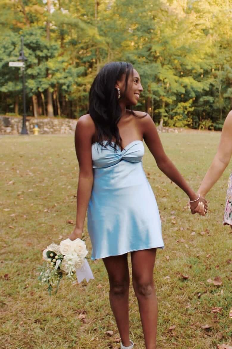 Twist Light Blue Satin Short Dress with Keyhole