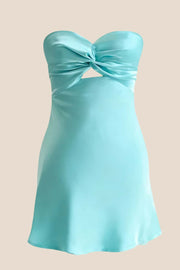 Twist Aqua Satin Short Dress with Keyhole