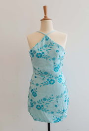 Blue Halter Beaded Fitted Short Dress
