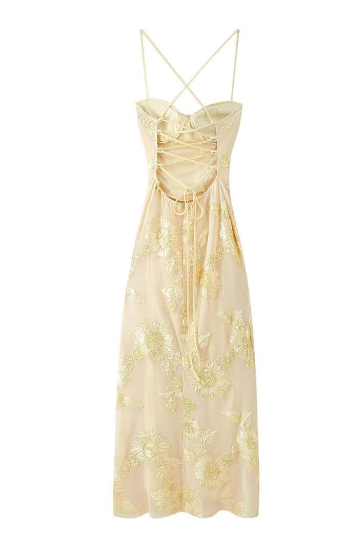 Yellow Embroidered A-line Straps Dress
