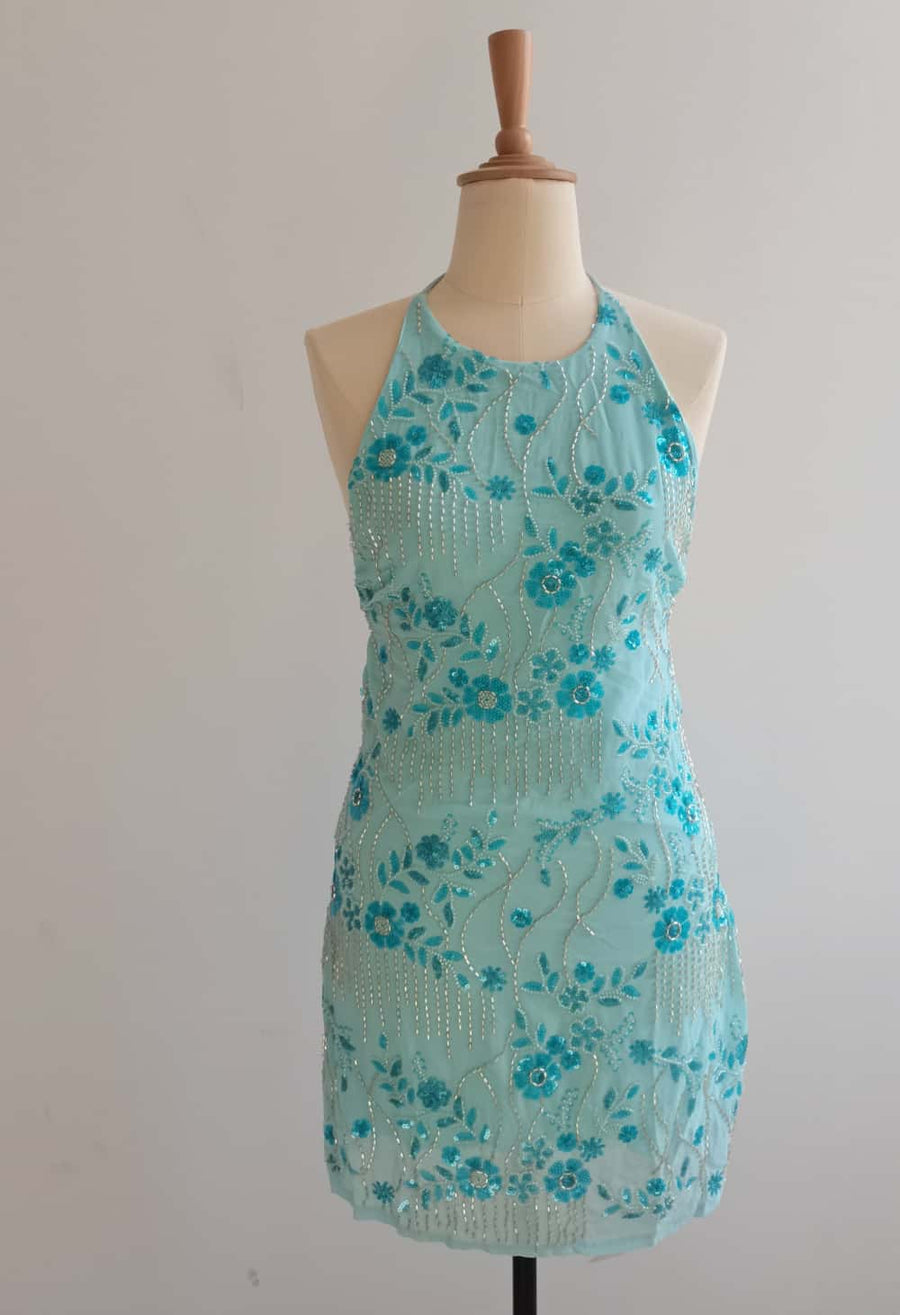 Light Yellow Halter Beaded Short Dress