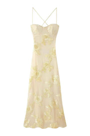 Yellow Embroidered A-line Straps Dress