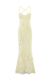 Yellow Embroidered Fitted Straps Dress