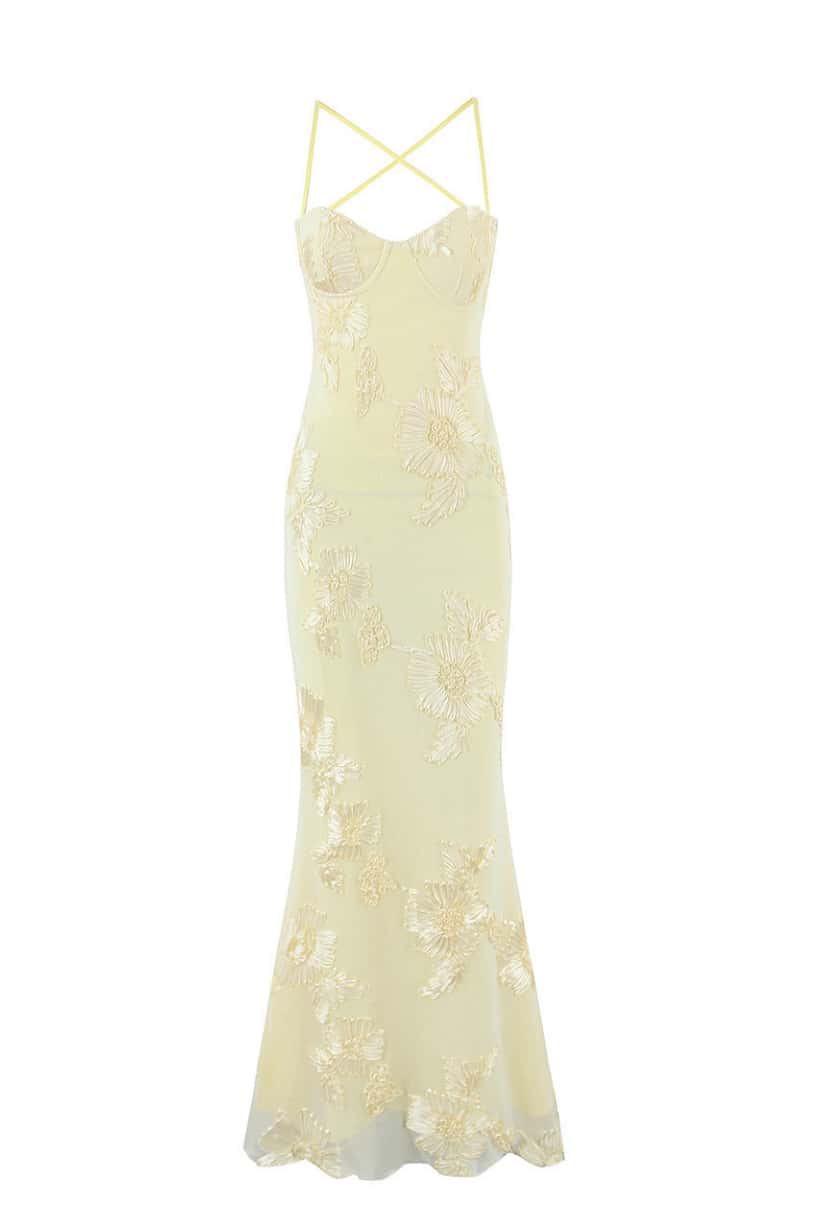 Yellow Embroidered Fitted Straps Dress