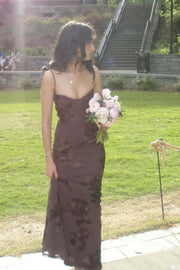 Brown Embroidered Fitted Straps Dress