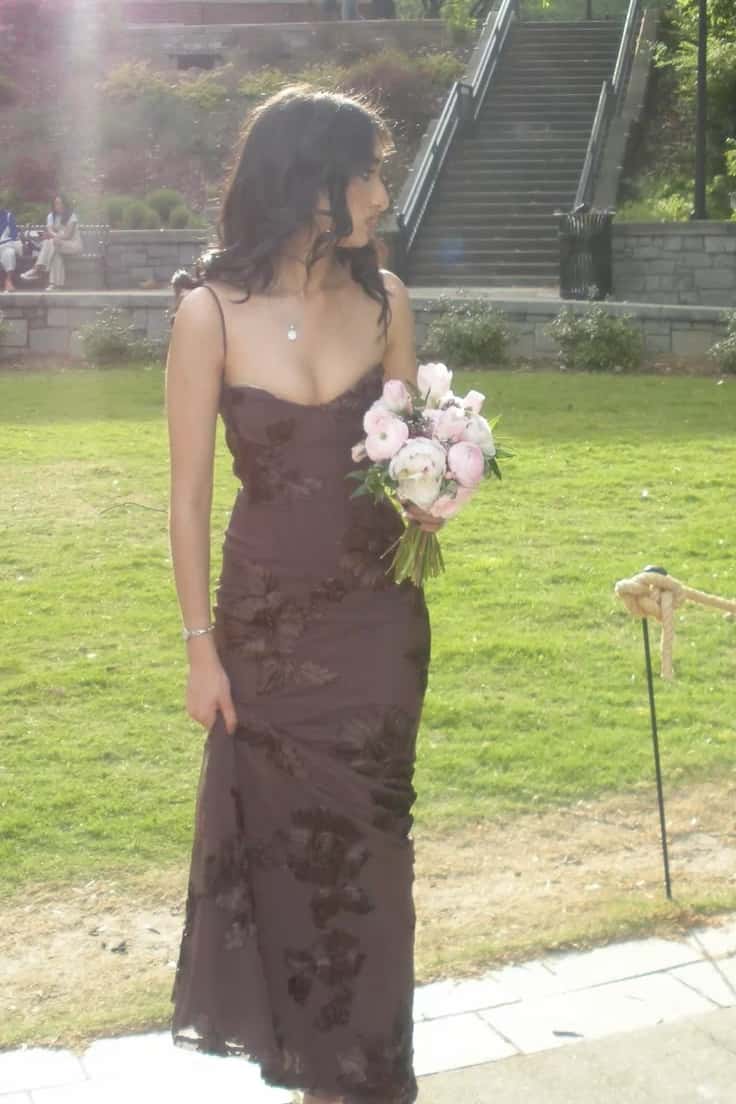 Brown Embroidered Fitted Straps Dress