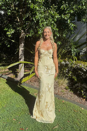 Yellow 3D Flower Fitted Long Dress