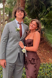 Brown Embroidered Fitted Straps Dress