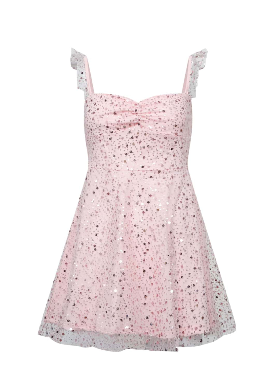 Pink Ruffle Straps Sequin Short Dress