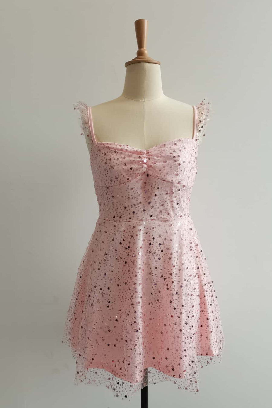 Pink Ruffle Straps Sequin Short Dress