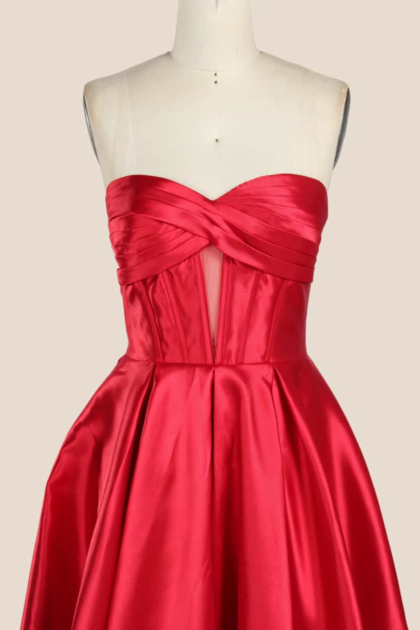Ruched Red Satin A-line Formal Gown