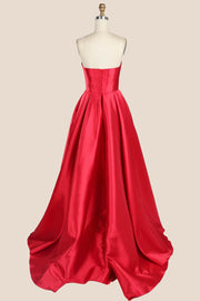 Ruched Red Satin A-line Formal Gown